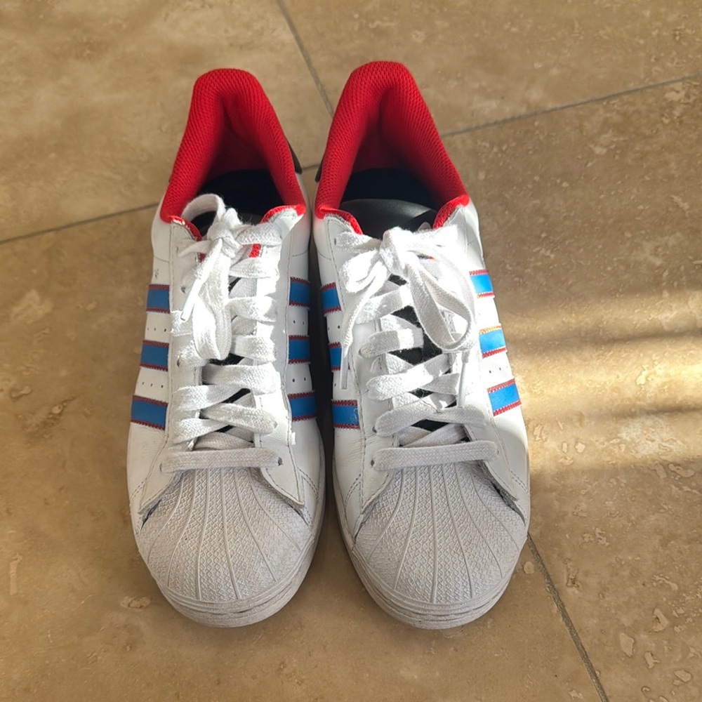 Adidas White Sneakers with Red and Blue Stripes